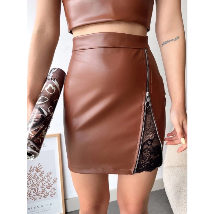 Dantelli fermuarlı deri etek kahve