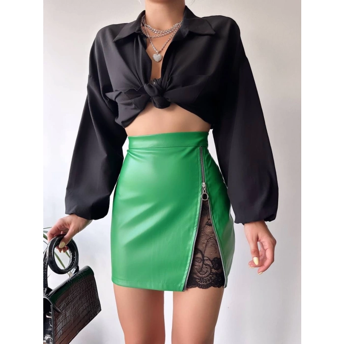Dantelli fermuarlı deri etek yeşil