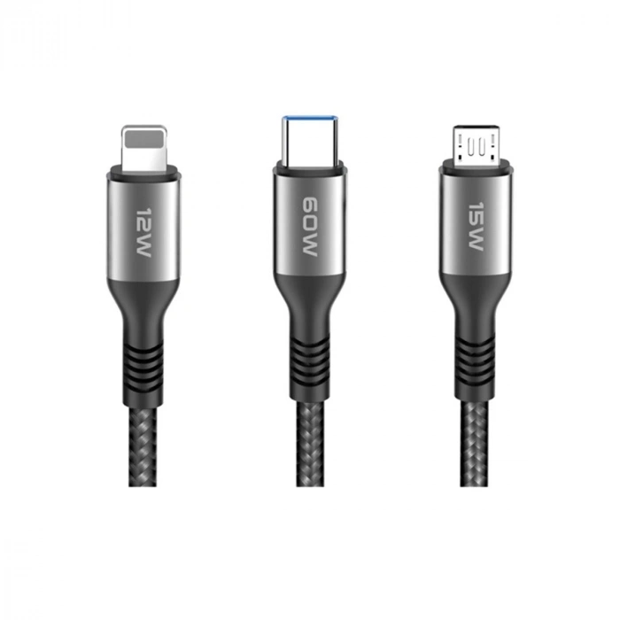 Dc62 3in1 Type-c To 60w Type-c / 12w Lightning / 15w Micro 1.2m Hızlı Şarj Kablo - Siyah