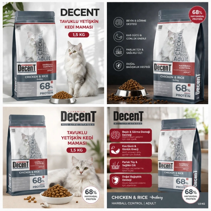 Decent Tuklu Yetişkin Kedi sı 1,5 Kg Control Tuk & Pirinç Yetişkin Kedi sı