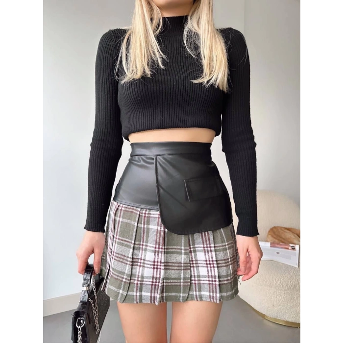 Deri garnili cepli ekose etek siyah