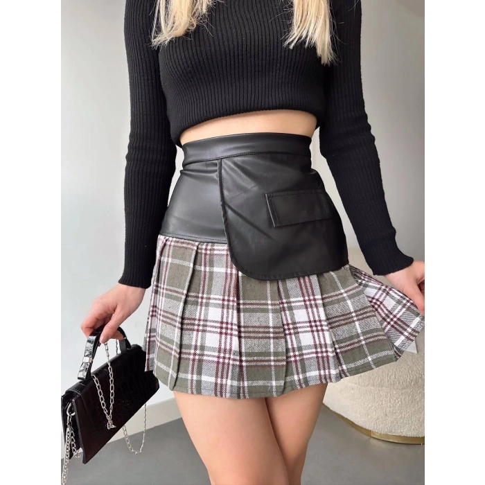Deri garnili cepli ekose etek siyah