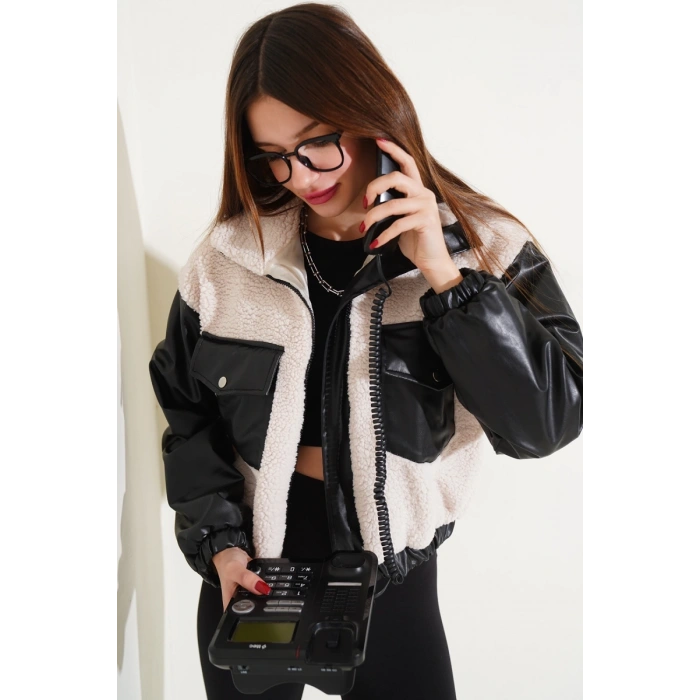 Deri garnili cepli peluş mont siyah