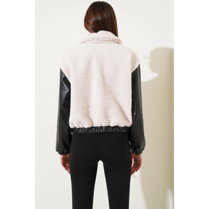 Deri garnili cepli peluş mont siyah