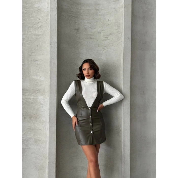 Deri jile elbise haki w24796