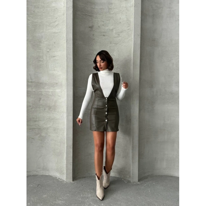 Deri jile elbise haki w24796