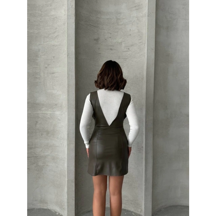 Deri jile elbise haki w24796