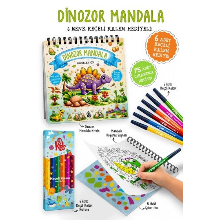 Dinozor Mandala - 6 Renk Keçeli Kalem ve 75 Adet Çıkartma Hediyeli 3+