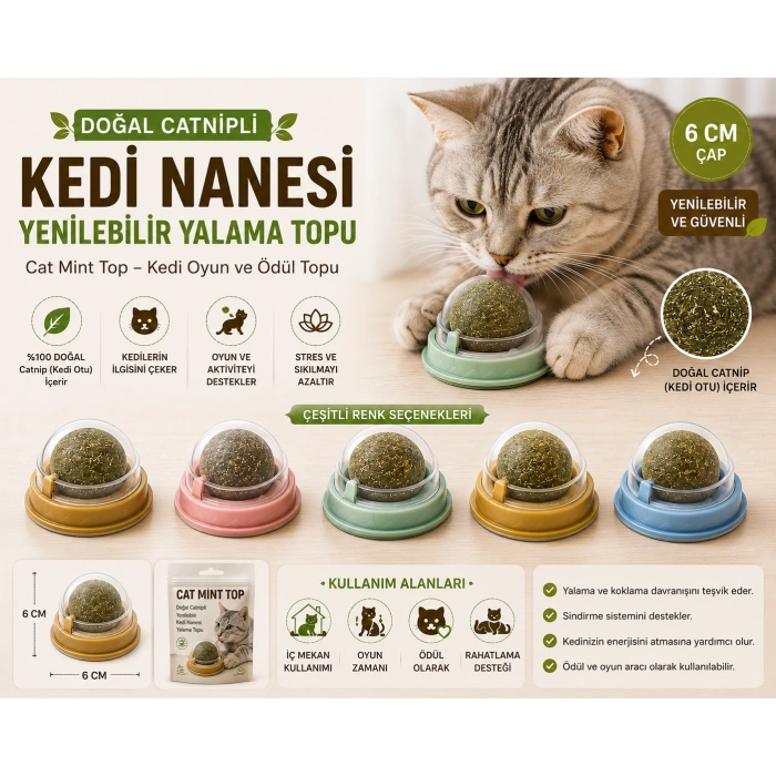 Doğal Catnipli Yenilebilir Kedi Nanesi Yalama Topu – 6 CM