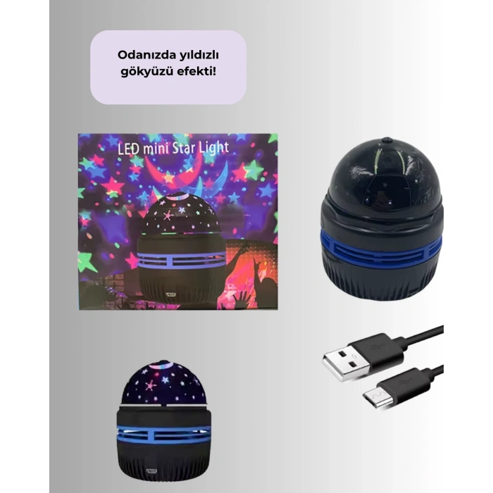 Döner Galaxy Projektör Gece Lambası – Ay ve Yıldız Işıklı Atmosfer Lamba, USB Bağlantılı