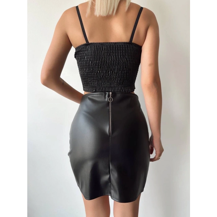 Drapeli deri etek siyah