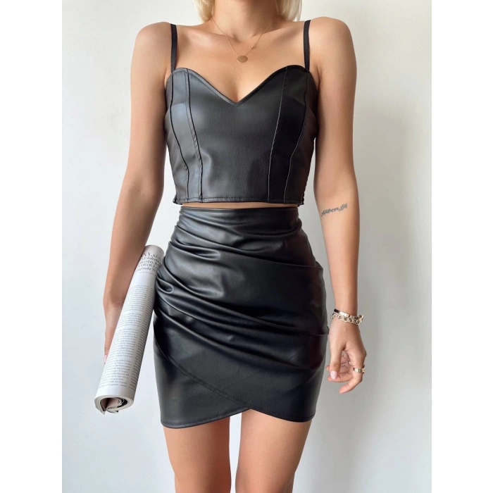 Drapeli deri etek siyah