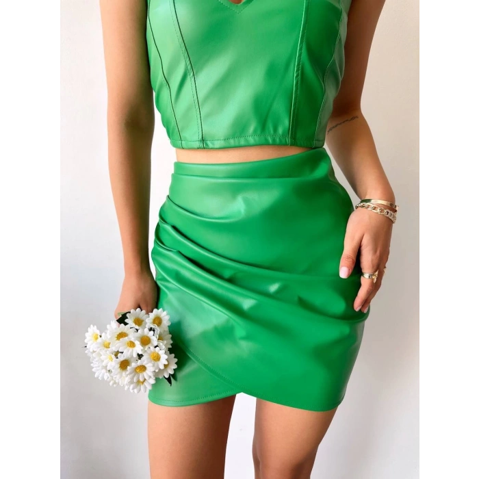 Drapeli deri etek yeşil