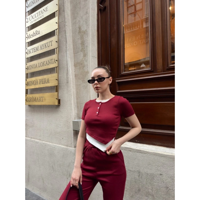Düğme yakalı bordo alt üst takım s3943
