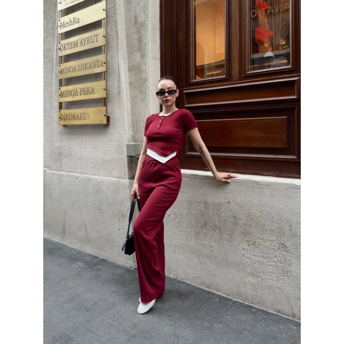 Düğme yakalı bordo alt üst takım s3943