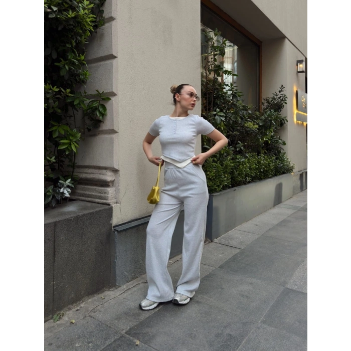 Düğme yakalı gri alt üst takım s3943