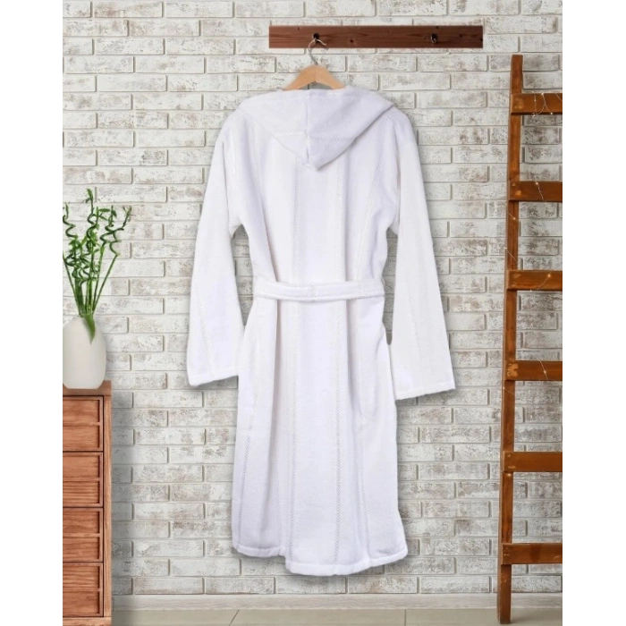 Ephemeris Pamuk Kapüşonlu Unisex Bornoz - Lara Beyaz