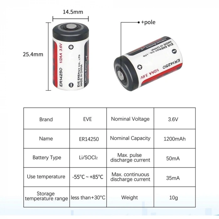 Eve Er14250 1/2aa Size 3.6v 1200 Mah Şarjsız Li-sl2  Pil