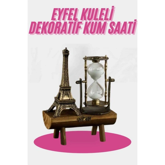 Eyfel Kulesi Tasarımlı Kum Saati Kristalleştirilmiş Kum Saati Dekoratif Ahşap Görünümlü