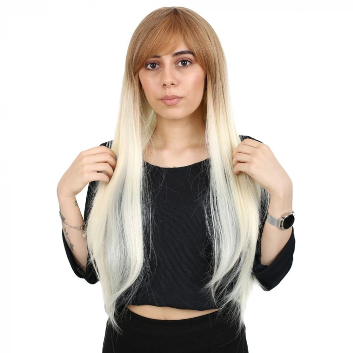 Fiber Sen Uzun Düz Kahküllü Peruk / Balköpüğü / Platin Ombreli
