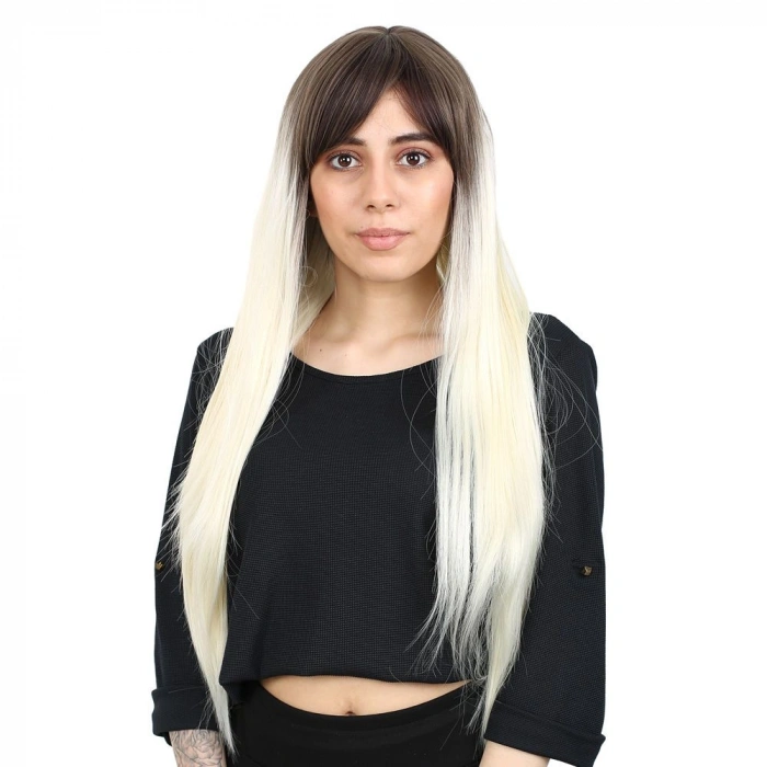 Fiber Sen Uzun Düz Kahküllü Peruk / Küllü Açık Kahve / Platin Ombreli