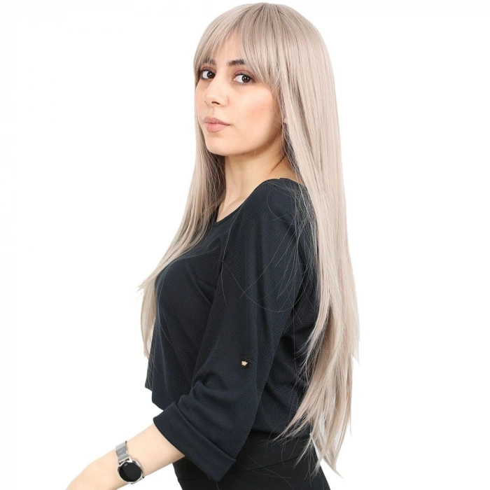 Fiber Sen Uzun Düz Kahküllü Peruk / Küllü Bebek Sarı