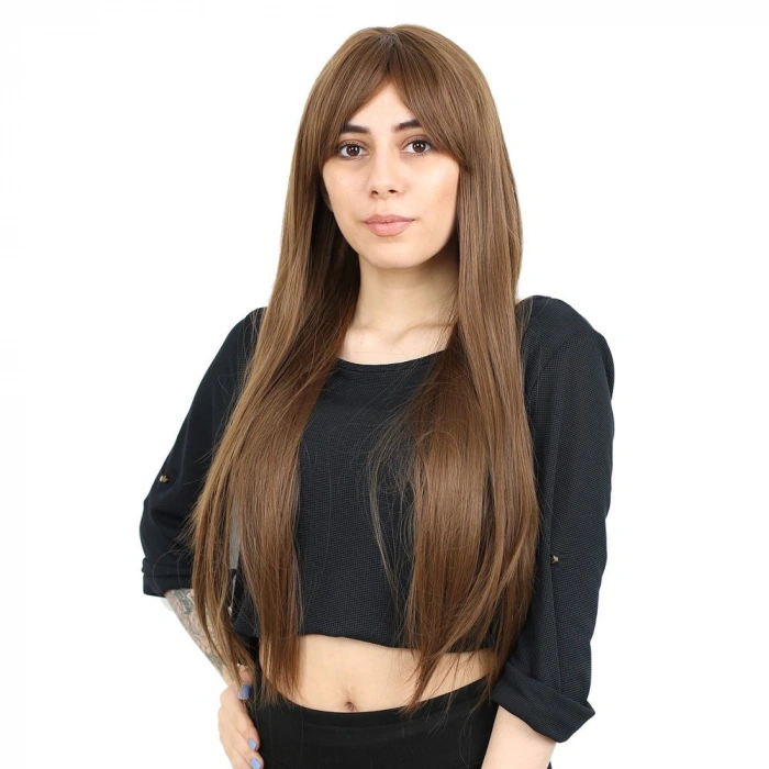 Fiber Sen Uzun Düz Kahküllü Peruk / Kumral