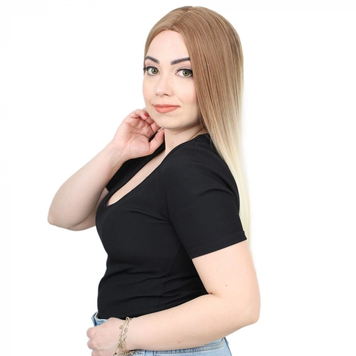 Fiber Sen Uzun Düz Peruk / Balköpüğü / Platin Ombreli