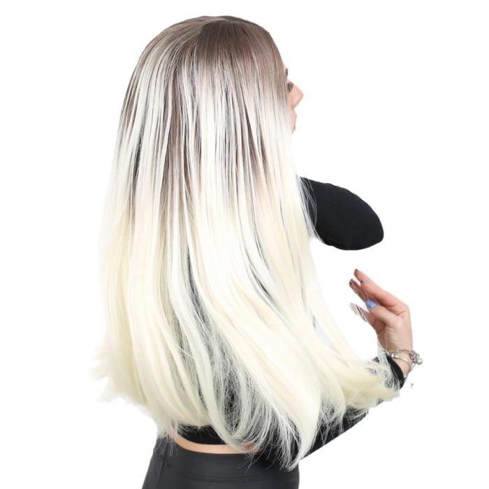 Fiber Sen Uzun Düz Peruk / Küllü Açık Kahve  / Platin Ombreli