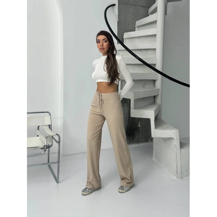 Fitilli şardonlu pantolon bej