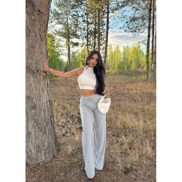 Fitilli şardonlu pantolon gri