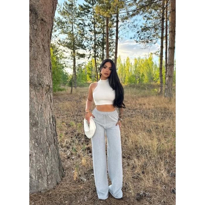 Fitilli şardonlu pantolon gri