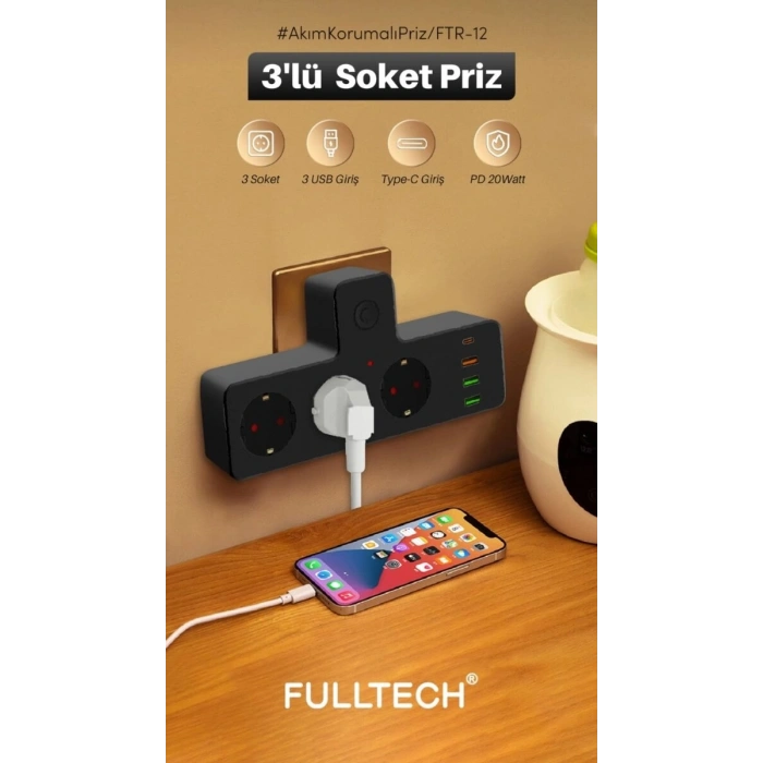 Ftr-12 Termal Akım Korumalı Isıya Dalı 3’lü Priz 3x Usb 1x Type-c