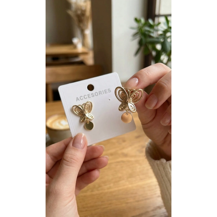 Füsun Küpesi Model Gold Renk Kelebek Model Pirinç Kadın Küpe