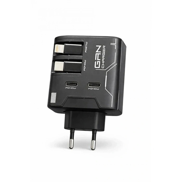 Gan+ Pd 40w Hızlı Şarj Adaptörü Çoklu Çıkış Usb-c Lightning Kablolu Hızlı Şarj  Ev Ofis Uyumlu Siyah