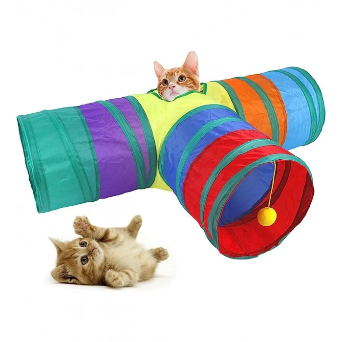 Gökkuşağı Desenli T Model Kedi Oyun Tüneli, Katlanabilir 50 x 75 cm