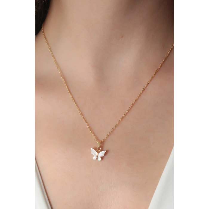 Gold Beyaz Renk Kelebek Figür Kadın Kolye