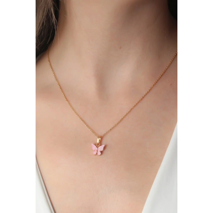 Gold Pembe Renk Kelebek Figür Kadın Kolye