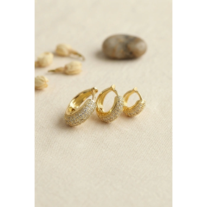 Gold Renk 3 lü Zirkon Taşlı Halka Küpe Set