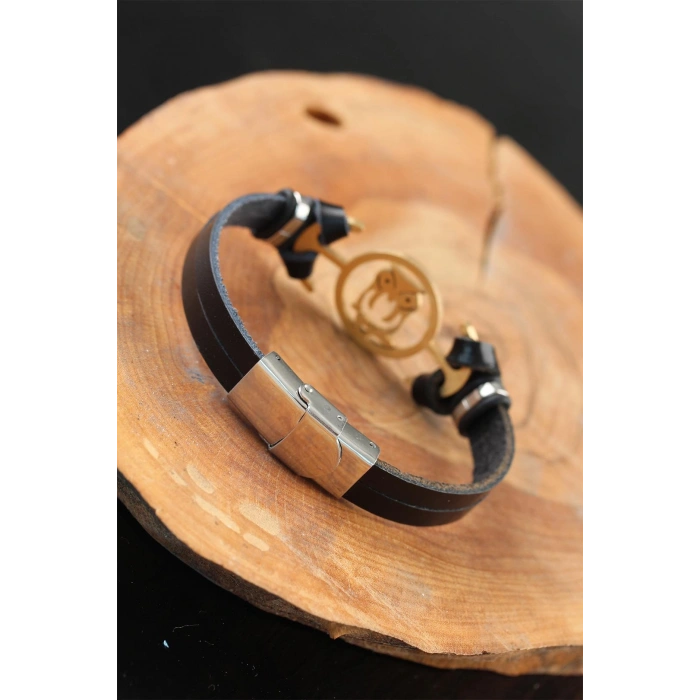 Gold Renk Baykuşlu Metal Aksesuarlı Siyah Renk Deri Erkek Bileklik