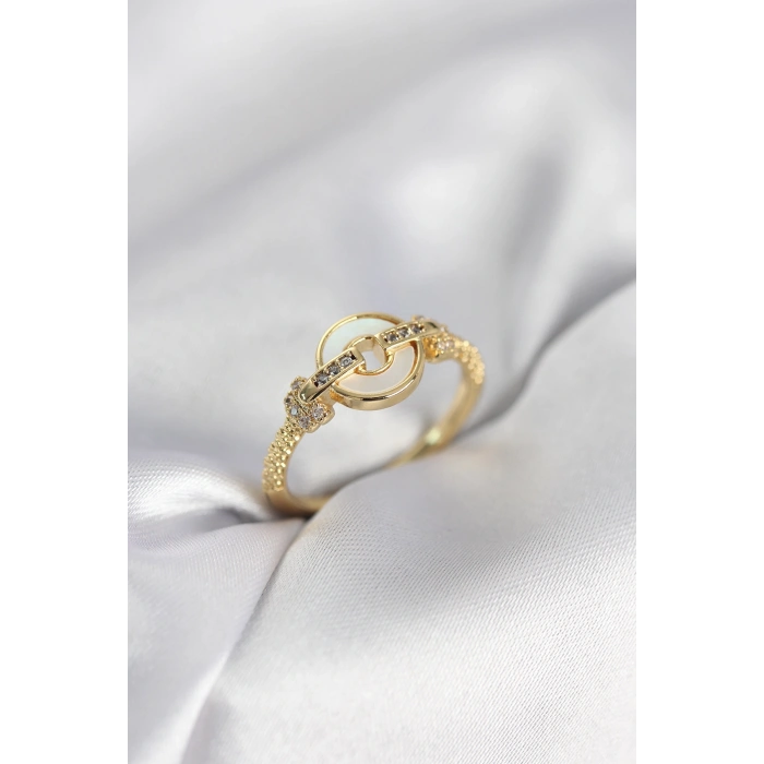 Gold Renk Daire Form Sedef ve Zirkon Taşlı Kadın Yüzük