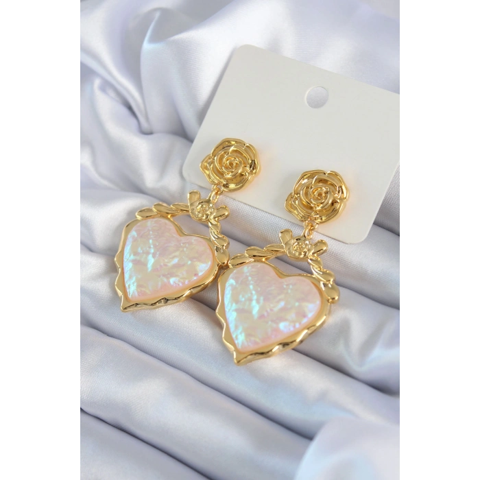 Gold Renk Gül Sallantı Kalp Model Pirinç VİP Kadın Küpe