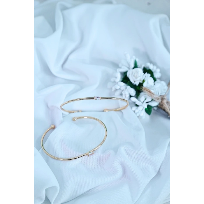 Gold Renk Kelepçe Model Zirkon Taşlı Çelik Bileklik Kaliteli