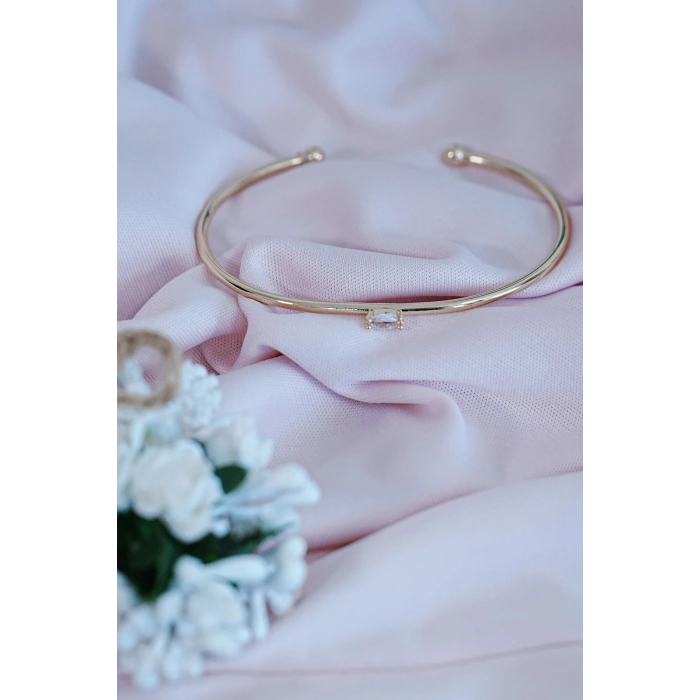 Gold Renk Kelepçe Model Zirkon Taşlı Çelik Bileklik Kaliteli