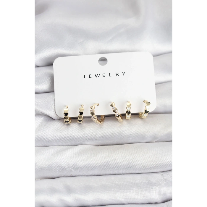 Gold Renk Pirinç Minimal Kalp Detaylı Kadın Küpe Seti