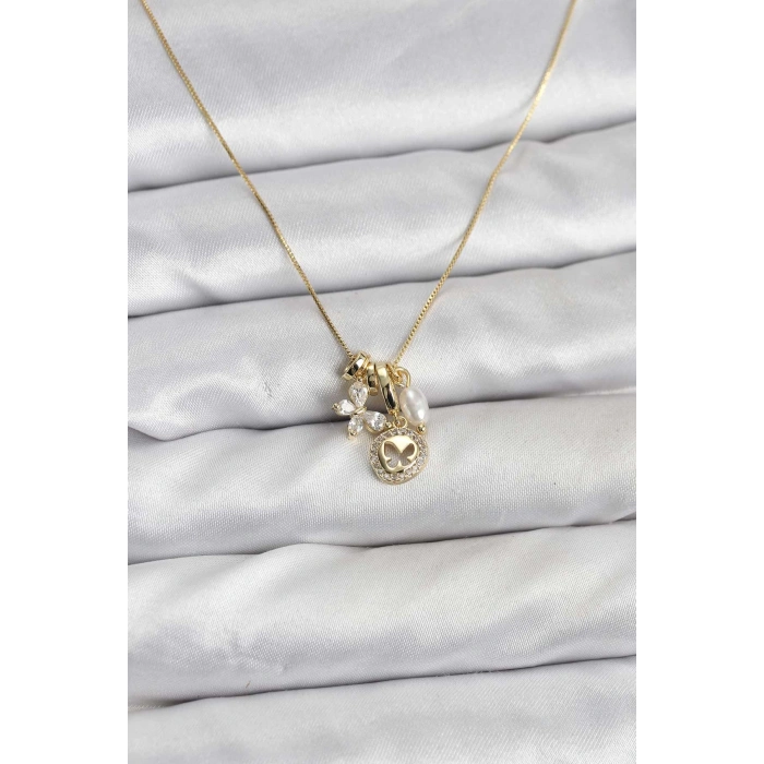 Gold Renk Pirinç Minimal Kelebek Charmlı Kadın Kolye