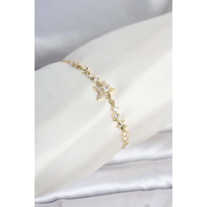 Gold Renk Pirinç Yıldız Model Asansörlü Kadın Bileklik