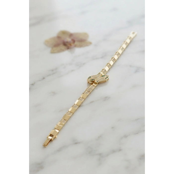Gold Renk Pirinç Zirkon Taşlı Yılan Model Kadın Bileklik