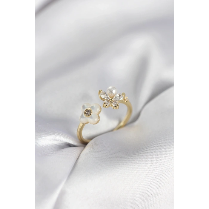 Gold Renk Sedefli Çiçek Model Kadın Yüzük
