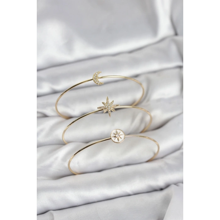 Gold Renk Zirkon Taşlı Kutup Yıldızı Model 3lü Kadın Bileklik Kombini